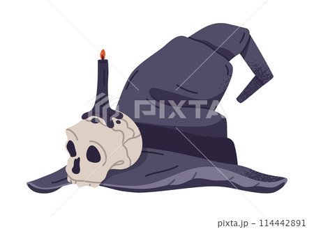 Halloween witch pointy hat. Cartoon wizard hat decorated with skull and candle, trick or treat october party magic costume element flat vector illustration. Scary magician hat 114442891