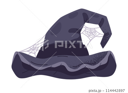 Wizard pointy hat. Cartoon Halloween witch hat decorated with spider web, trick or treat october party magic costume element flat vector illustration. Spooky magician hat 114442897