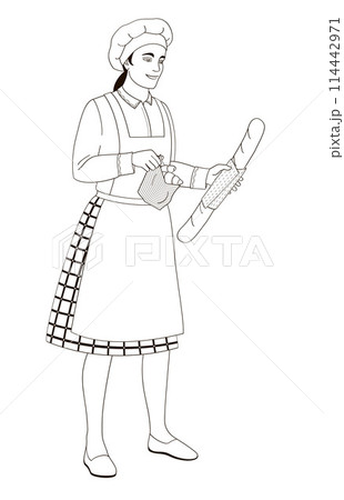 female  character baker in uniform holding paper bag with fresh croissants and baguette bread female  character baker in uniform holding paper bag with fresh croissants and baguette bread 114442971