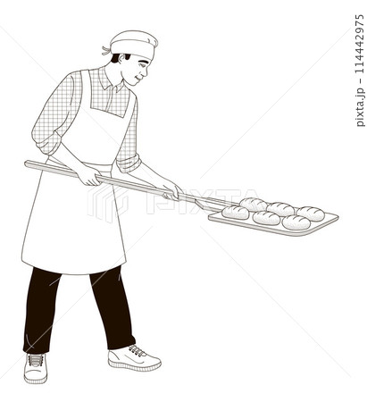 male African American character baker with bread shovel black and white outline vector illustration 114442975