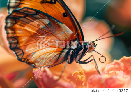 Butterfly resting on a flower petal. Delicate image of beauty of nature 114443257