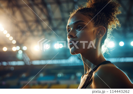 Female athlete in rainy day under the lighting of the stadium 114443262
