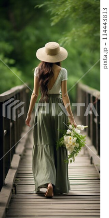 Woman Walking Across a Wooden Bridge Wearing Green Retro Clothes. Generative ai 114443813
