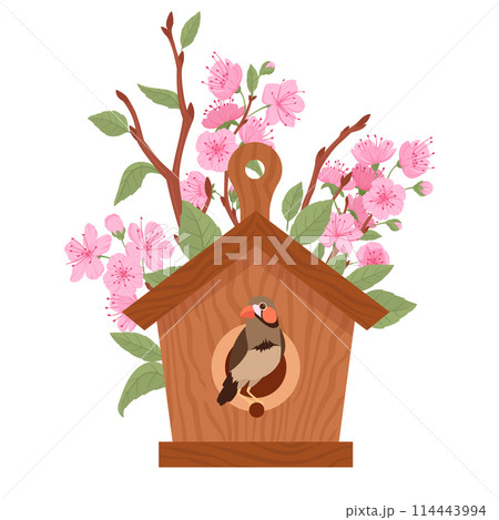 Bird house on blooming tree. Wooden bird house with feeder, hand crafted birds nests on cherry tree flat vector illustration. Cute cartoon nesting bird house 114443994