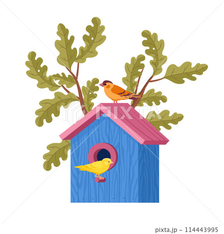 Bird house with feeder. Wooden bird house, hand crafted cute birds nests on oak tree flat vector illustration. Cartoon nesting bird house Bird house with feeder. Wooden bird house, hand crafted cute birds nests on oak tree flat vector illustration. Cartoon nesting bird house 114443995