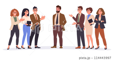 Business people greeting colleague. Businessman surrounded by cheering and applauding office people flat vector illustration. Business congratulations scene Business people greeting colleague. Businessman surrounded by cheering and applauding office people flat vector illustration. Business congratulations scene 114443997