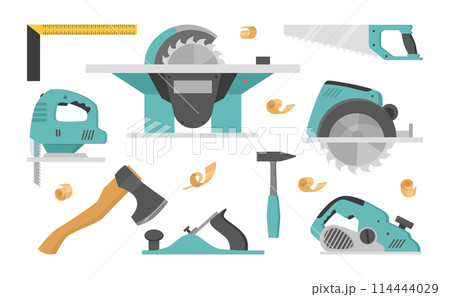 Woodworking tools. Cartoon wood industry equipment, timber axe, jigsaw and saw flat vector illustration set. Wood work tools collection 114444029