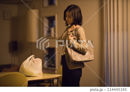 帰宅後食材をテーブルに置くビジネスウーマン のナイトルーティーン 帰宅後食材をテーブルに置くビジネスウーマン のナイトルーティーン 114445193