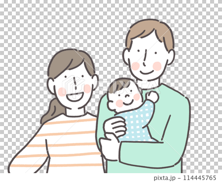 Dad holding a baby and mom smiling 114445765