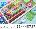 School supplies.Concept back to school. colored stationery is arranged in white organizers. Creative Drawer Organizing. Storage office supplies 114445787
