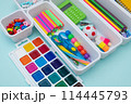 School supplies.Concept back to school. colored stationery is arranged in white organizers. Creative Drawer Organizing. Storage office supplies 114445793