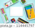 School supplies.Concept back to school. colored stationery is arranged in white organizers. Creative Drawer Organizing. Storage office supplies 114445797