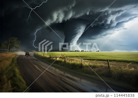 Disaster catastrophe storm concept - tornado in a field in the USA with car on road driving towards the storm in field under stormy dark sky 114445838