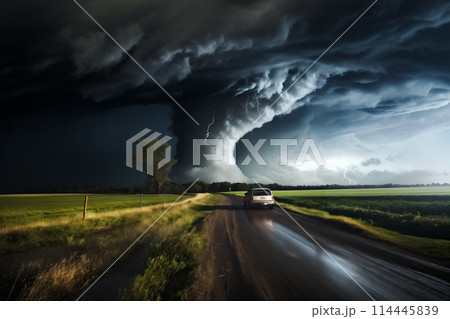 Disaster catastrophe storm concept - tornado in a field in the USA with car on road driving towards the storm in field under stormy dark sky 114445839