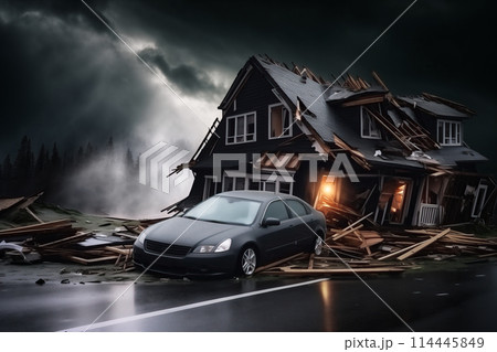 A car is in front of a destroyed by disaster house that is on fire 114445849