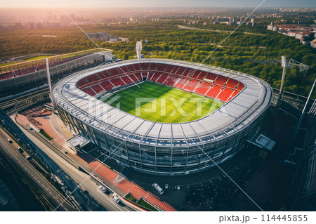 Aerial bird eye top view of a soccer football field stadium on sunset 114445855