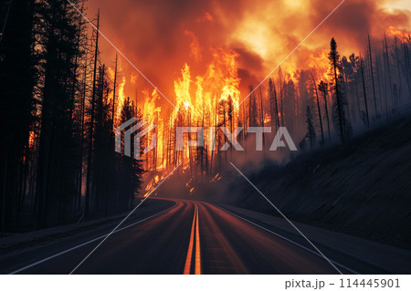 A forest wildfire is raging through a wooded area with road. Trees are on fire and flames are spreading quickly. Air is thick with smoke 114445901