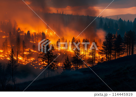 View of a forest fire is raging through a forest, with smoke and flames visible in the air. The scene is chaotic and dangerous, with trees and other vegetation being consumed by the fire View of a forest fire is raging through a forest, with smoke and flames visible in the air. The scene is chaotic and dangerous, with trees and other vegetation being consumed by the fire 114445919