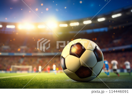 A soccer ball on a green field in soccer football stadium in evening on sunset with floodlights lights during game 114446091