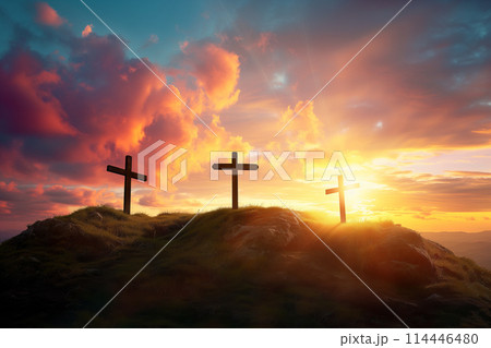 Easter concept three crosses on Golgotha Calvary hill against a dramatic sunset Easter concept three crosses on Golgotha Calvary hill against a dramatic sunset 114446480