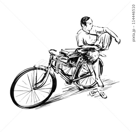 Drawing of a rickshaw driver on the street in Myanmar 114446510