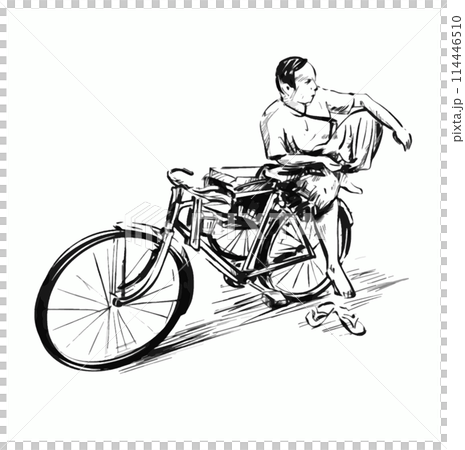 Drawing of a rickshaw driver on the street in Myanmar 114446510