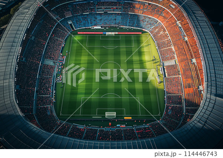Aerial bird eye top view of a soccer football field stadium 114446743