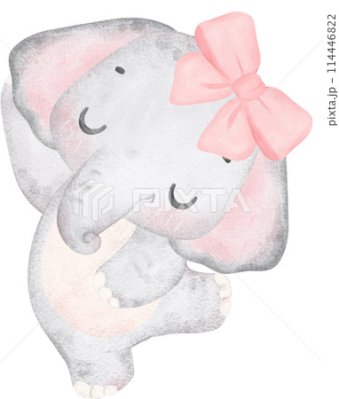 Coquette Baby Elephant with pink bow Watercolor Adorable Nursery Art 114446822
