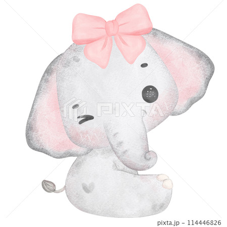Coquette Baby Elephant with pink bow Watercolor Adorable Nursery Art 114446826