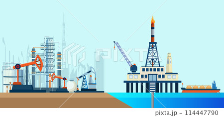 Gas and oil industry extraction platform background with offshore extracting pump tower station and rig drilling platform. Vector illustration eps10 114447790