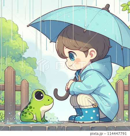 雨の中、レインコートを着た男の子がカエルを見つけて向き合っている 114447791