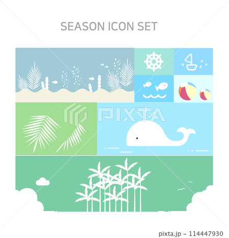 Vector illustration of summer icons for summer event, Sea, whale, marine life, marine plants, water, sea view, fish, sea, clouds, palm trees, seagulls, wavy, ship, beach, summer, event, sale, specials 114447930