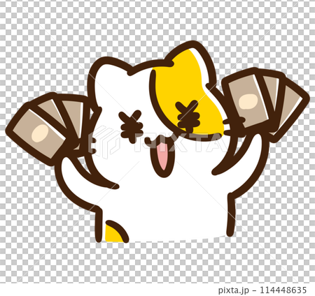 A deformed illustration of a money-loving cat character holding a stack of bills A deformed illustration of a money-loving cat character holding a stack of bills 114448635