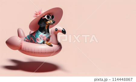 Funny dog wearing summer fashion with rubber ring on pastel background. Summer Vacation Concept. Funny dog wearing summer fashion with rubber ring on pastel background. Summer Vacation Concept. 114448867