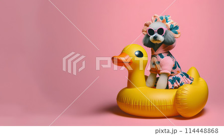Funny dog wearing summer fashion with rubber ring on pastel background. Summer Vacation Concept. 114448868