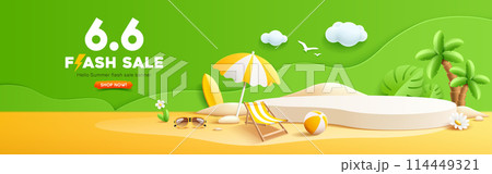 Summer flash sale, podium display, pile of sand, coconut tree, beach umbrella, beach chair, beach ball, sunglasses, banner design 114449321