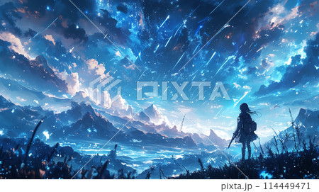 月明りに照らされる雪の中、山の風景 月明りに照らされる雪の中、山の風景 114449471