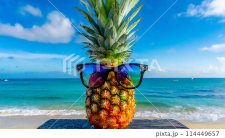 サングラスをかけたパイナップルと夏の海の背景のイラスト素材