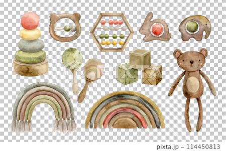 A set of children's toys of different sizes, colors and textiles. Wooden eco and ivy toys for little ones. Watercolor illustration for cards, stickers, textiles, design, invitations, website, logo. 114450813