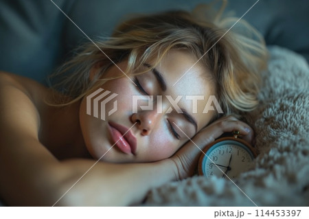 Woman Sleeping on Bed With Clock 114453397