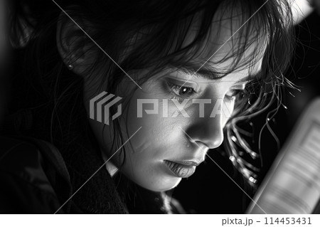 Intense Woman Reading in Low Light 114453431