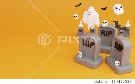 Graveyard on Halloween day, 3D render Halloween concept and copy space on orange background Graveyard on Halloween day, 3D render Halloween concept and copy space on orange background 114453589