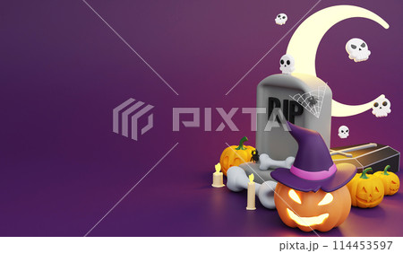 Headstone and pumpkins , 3D render Halloween icon concept and copy space on purple background 114453597