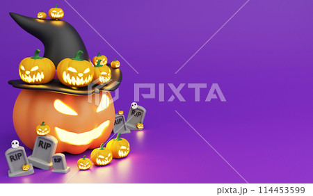 Pumpkins gang in Halloween day, 3D render Halloween icon concept and copy space on purple background Pumpkins gang in Halloween day, 3D render Halloween icon concept and copy space on purple background 114453599
