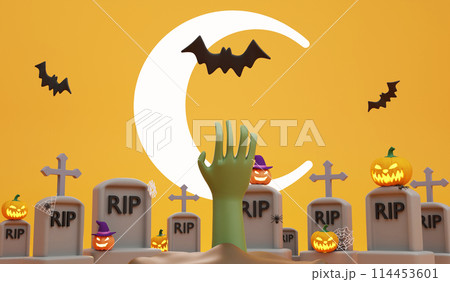 Zombie hand rising out from the ground and crescent moon wallpaper, 3D render Halloween concept on orange background Zombie hand rising out from the ground and crescent moon wallpaper, 3D render Halloween concept on orange background 114453601