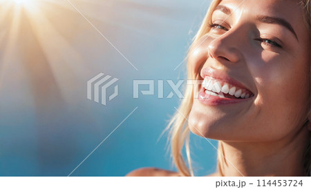 Expert dental care for your health and hygiene. Perfect healthy teeth smile of a young woman. Teeth whitening. Image symbolizes oral care dentistry 114453724