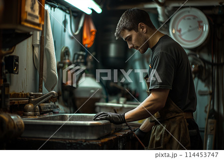 Plumber repairing a bathroom sink 114453747