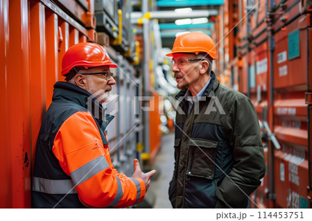 Warehouse Managers Discussing Operations on the Floor 114453751
