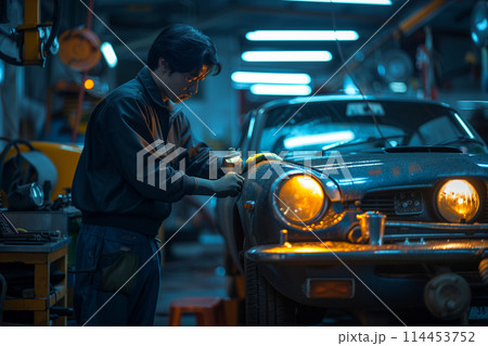 Man Repairing Car in Garage 114453752