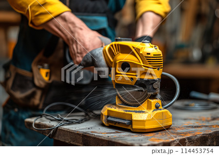 Person Using Power Tool on Wood 114453754